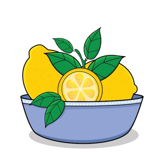 Zitrone Zitrone im Korb, Cartoon-Symbol, Vektor-Design, Illustration, Tapete, Zitrone mit Blatt, gelbe Lem