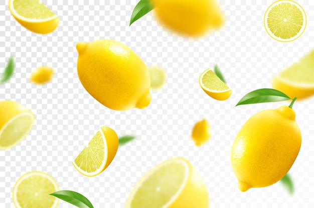 Zitrone zitrus hintergrund fliegende zitrone mit grünem blatt auf transparentem hintergrund zitrone, die aus verschiedenen winkeln fällt konzentriert und verschwommen früchte realistische 3d-vektor-illustration