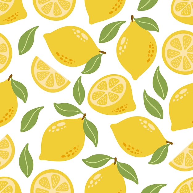 Zitronen-Nahtlosmuster mit Scheiben und Blättern Handgezeichnete Cartoon-Sommerfruchtillustration