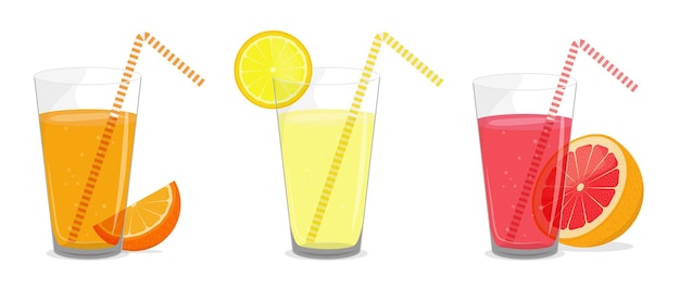 Zitrusfruchtsäfte in einem glas mit strohhalm orangen-grapefruit-saft und limonade