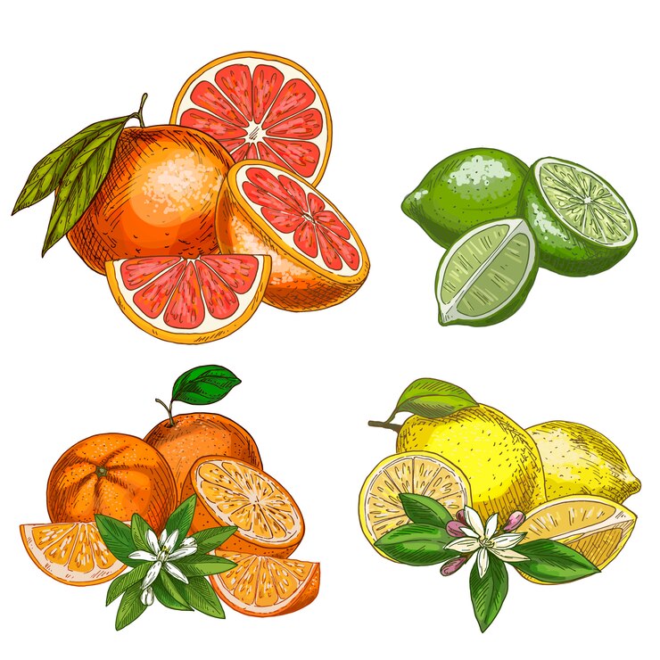 Vektor zitrusfrüchte mit hälften und blüten. zitrone, limette, grapefruit, orange.