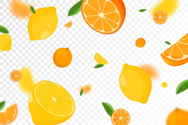Zitrushintergrund Fliegende Zitrone und Orange mit grünem Blatt auf transparentem Hintergrund Zitrone und Orange fallen aus verschiedenen Winkeln Fokussierte und verschwommene Objekte Flacher Cartoon-Vektor