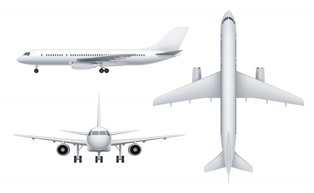 Zivilflugzeuge Ansichten. Passagier weißes Flugzeug in verschiedenen Ansichten fliegen Transport realistisch s