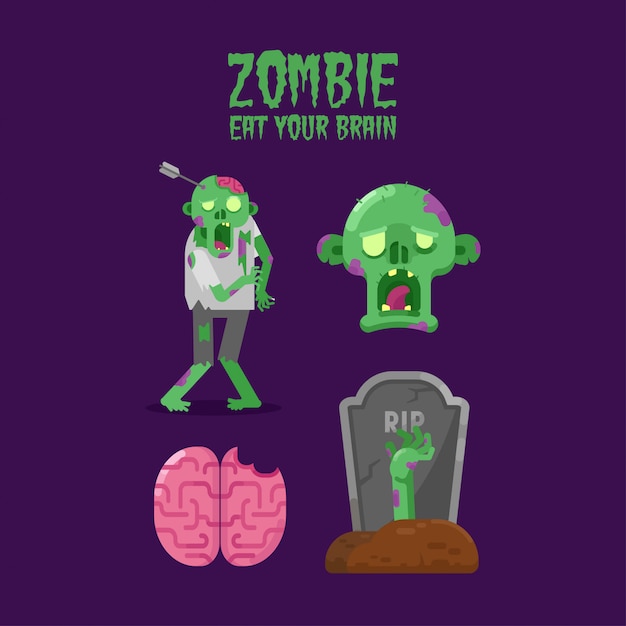 Zombie flat illustration mit wanderzombie, zombiekopf, menschlichem gehirn und grab.