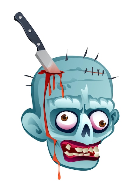 Zombie-Kopf mit einem in ihn steckenden Messer Vektor-Cartoon-Illustration isoliert auf weißem Hintergrund
