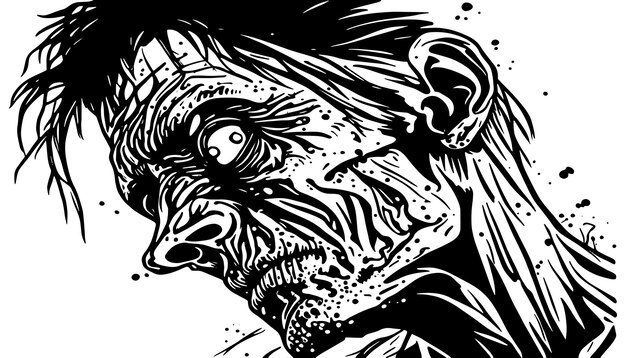 Zombie-Kopf-Vektor-Illustrationsskizze, gezeichnet mit schwarzen Linien, isoliert auf weißem Hintergrund