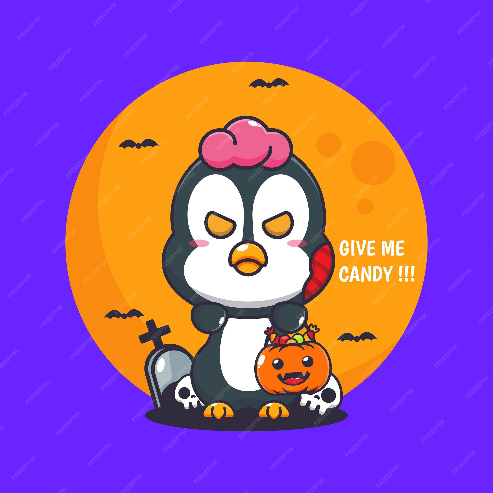 Zombie-pinguin will süßigkeiten, süße halloween-cartoon-illustration 