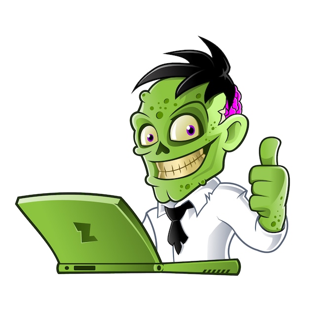 Vektor zombiezeichentrickfilm-figur mit laptop