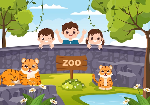 Zoo cartoon illustration mit safaritieren auf waldhintergrund