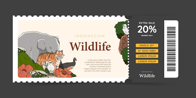 Vektor zoo-ticket-design mit handgezeichneter illustration der indonesischen fauna