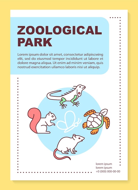 Zoologische parkplakatschablonen-layout. reptilien. wilde tiere. natur fauna. banner, broschüre, broschürendruckdesign mit linearen symbolen. vektorbroschürenseitenlayouts für zeitschriften, werbeflyer