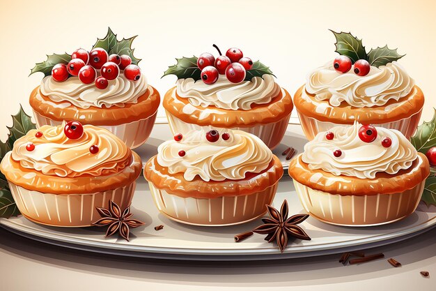 Vektor zucker-cranberry-gewürz-cupcakes mit sahne-käse-glasur weihnachtsdessert