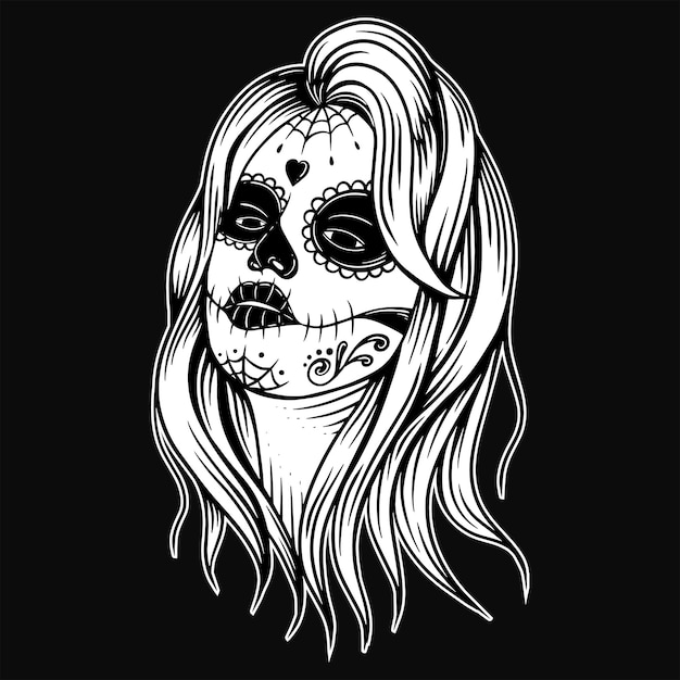 Zuckerschädel-dame skull girl muertos vintage-mädchen mit totenkopf-masken-tätowierungsillustration