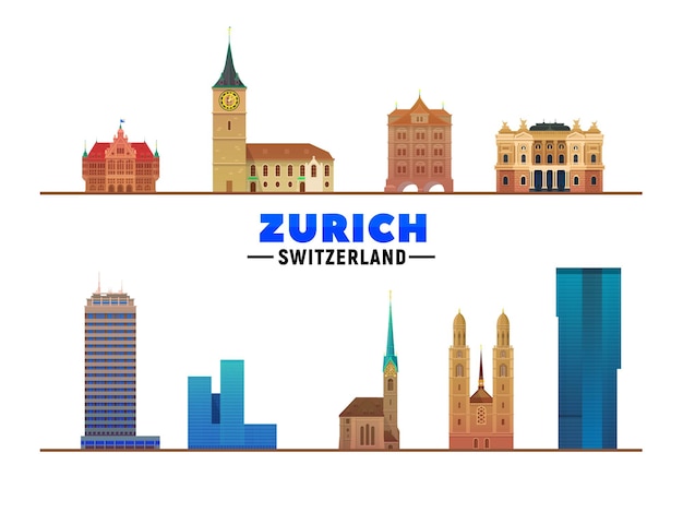 Zürich schweiz sehenswürdigkeiten auf weißem hintergrund vektor-illustration geschäftsreise- und tourismuskonzept mit modernen und alten gebäuden vektor für präsentationsbanner-website