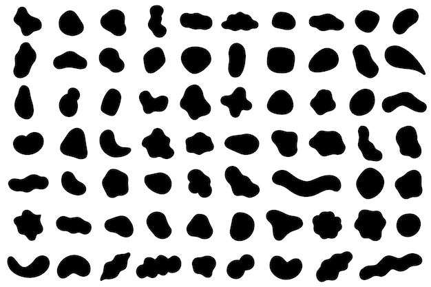 Zufällige Formen. Organische schwarze Kleckse von unregelmäßiger Form. Abstrakte Flecken-, Tintenklecks- und Kieselsilhouetten, einfache flüssige amorphe Splodge-Elemente Wasser bildet kreatives minimales Blasenstein-Vektorset