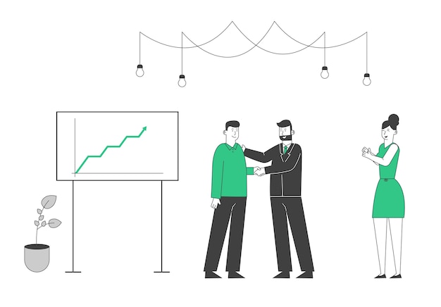 Zufriedener chef händeschütteln an geschäftsmann am bildschirm mit wachsender grafik