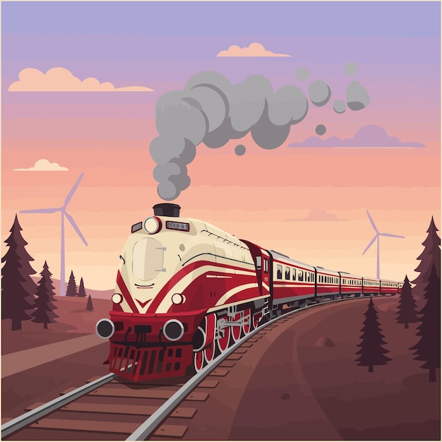 Zugreise im Vintage-Stil mit Windturbinen und Sonnenuntergangslandschaft