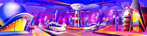 Zukünftige Nachtstadt mit leuchtenden Neonlichtern. Futuristisches Stadtbild in violetten Farben. Moderne Gebäude und fliegende Autos ungewöhnliche Formen. Außerirdische städtische Architektur Wolkenkratzer Cartoon-Vektor-Illustration.