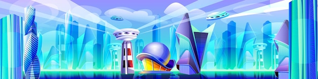 Zukünftige Stadt mit futuristischen Glasgebäuden ungewöhnlicher Formen. Außerirdisches städtisches Stadtbild der Karikatur. Moderne Architekturtürme, Wolkenkratzer. Metropolenlandschaft mit fliegenden Stadtteilen und Raumschiff.