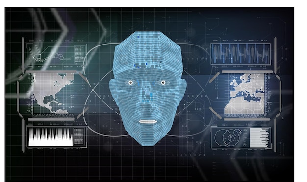 Zukunft der künstlichen Intelligenz KI Menschliches Gesicht mit KI-Text erstellt von
