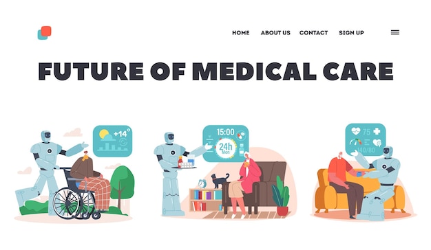 Zukunft der medizinischen Versorgung für Senioren Landing Page Template Roboter helfen älteren Menschen Ai Cyborg, mit altem Mann im Rollstuhl zu gehen, Pillen zu bringen und Blutdruck zu messen Cartoon Vector Illustration