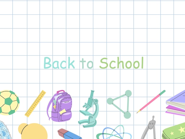 Zurück in die Schule Flachstil Schulmaterialien Vorlage Doodle Schriftbild Bildung Konzept Zurück zur Schule