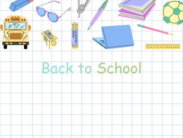 Zurück in die Schule Flachstil Schulmaterialien Vorlage Doodle Schriftbild Bildung Konzept Zurück zur Schule