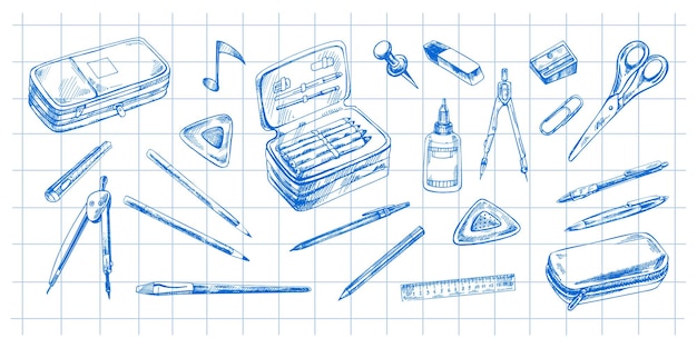 Zurück in die Schule handgezeichnetes Schulmaterial großes Skizzen-Set Doodle-Objekt-Sammlung