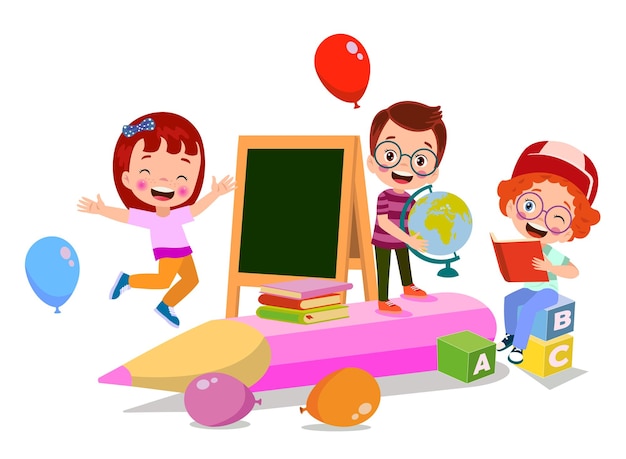 Zurück in die Schule Schulklassenraum und süße glückliche Schüler