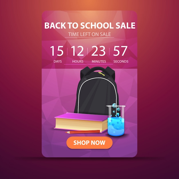 Zurück in die schule, web-banner mit countdown bis zum ende des verkaufs mit schulrucksack