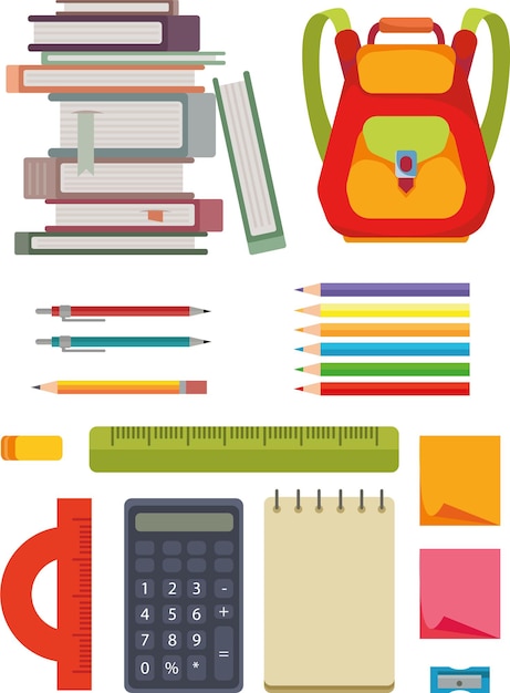 Vektor zurück zu den schulwerkzeugen, vektor-flacher stil. rucksack, bleistift, filzstift, notizbuch, studienmaterial. clipart-symbol