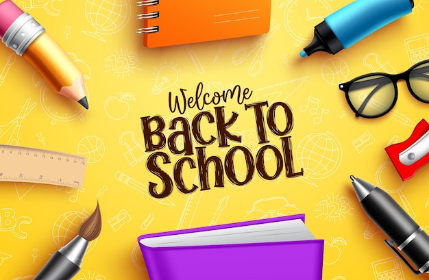 Zurück zum Schulbildungsbanner Zurück zum Schulwillkommenstext mit farbenfrohen Bildungsmaterialien