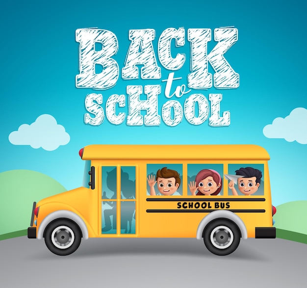 Zurück zum Schulvektordesign Schulbus und zurück zum Schultext mit glücklichen Schülern