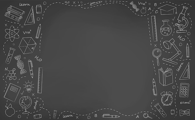 Zurück zur Schule, Bildungshintergrund des Lehrerwissenstages. Briefpapier für Unterricht, Bildung, Lernen und Wissenschaftsstudium Zubehör Skizzenrahmen auf schwarzer Tafel Banner-Vektor-Illustration