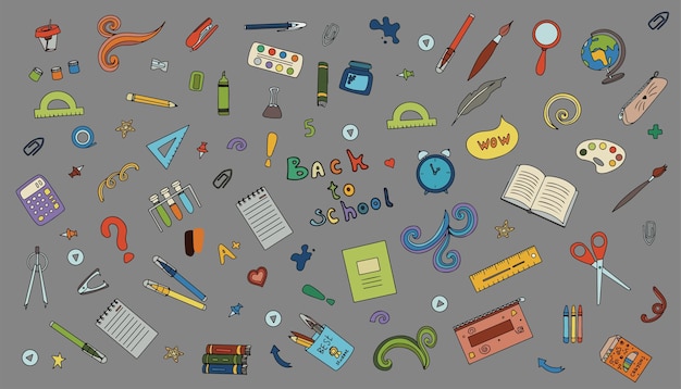 Zurück zur schule großes vektor-doodle-set briefpapier für schule, universität und büro handgezeichnete schule su