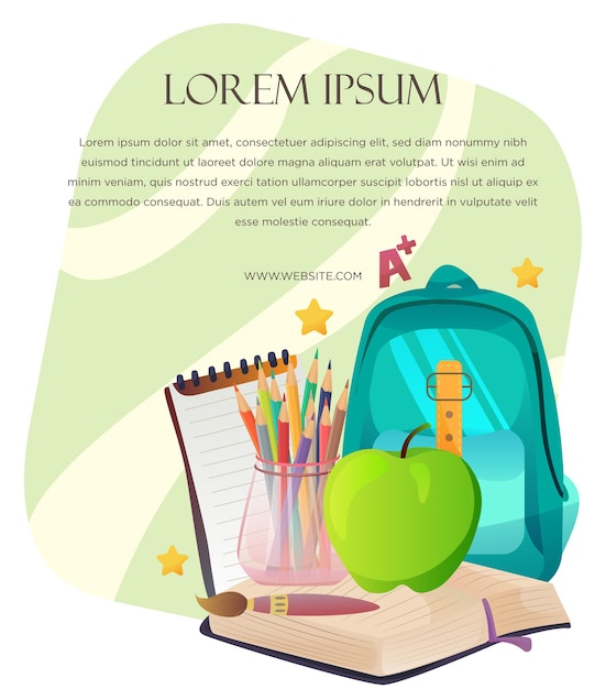 Vektor zurück zur schule illustrationsbanner mit apfelrucksack-farbstift und büchern