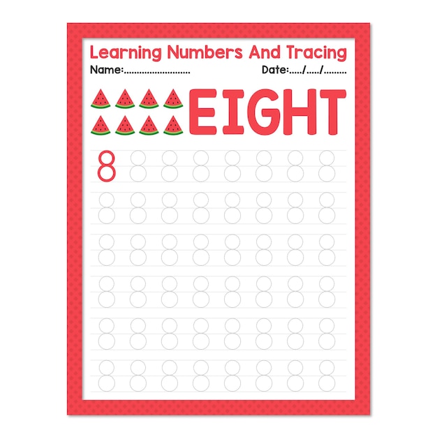 Zurück zur schule lernen nummer acht und verfolgen beginnendes mathe-arbeitsblatt für die aktivität von vorschulkindern