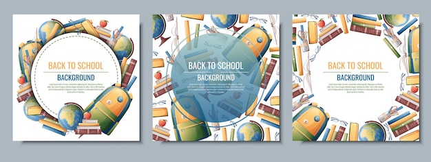 Zurück zur schule rahmendesign satz postkartenvorlagen mit rucksackbüchern globus schulwissenserziehunghintergrund mit schulmaterial