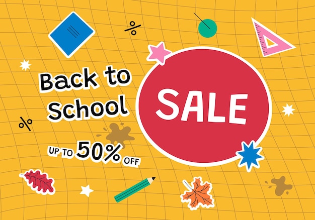 Zurück zur schule sale eine postkarte ein banner mit schulmaterial helle trendige farben fun flat cartoon