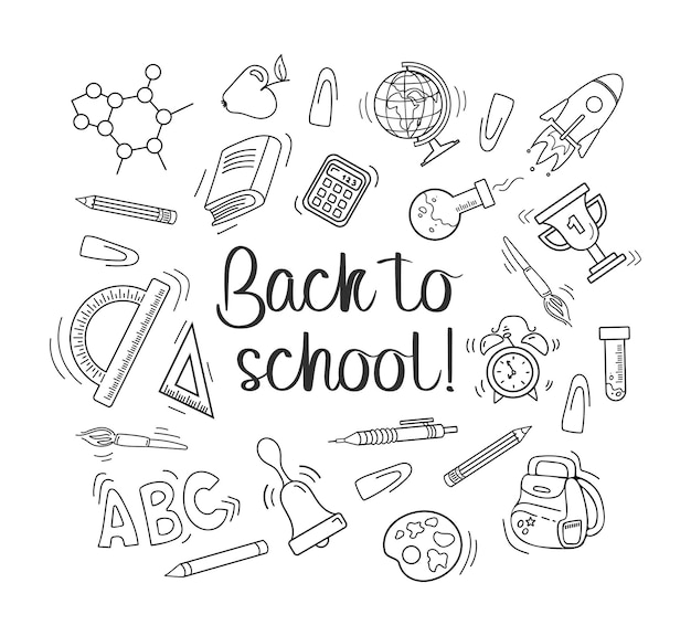 Zurück zur Schule Satz von Elementen im Doodle-Stil Schreibzubehör Kugelschreiber Bleistifte Lineale Rucksack Tasse und Globus Für Aufkleber Poster Postkarten Design-Elemente