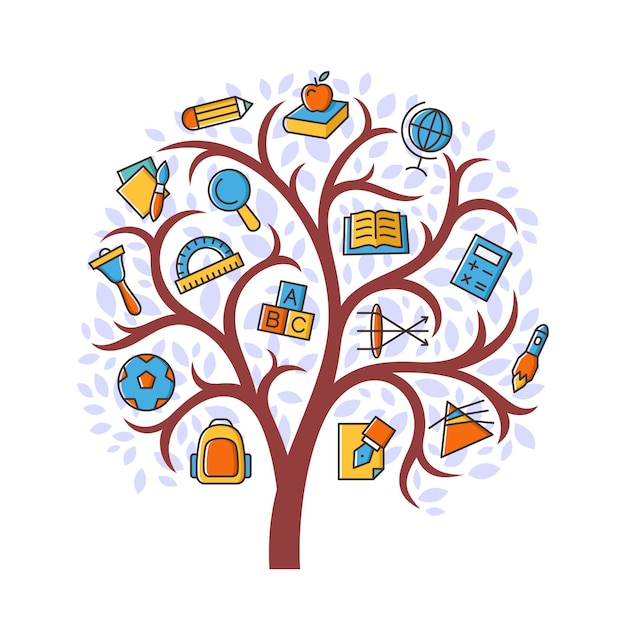 Zurück zur Schulvektorillustration Baum mit schulbezogenen Ikonen