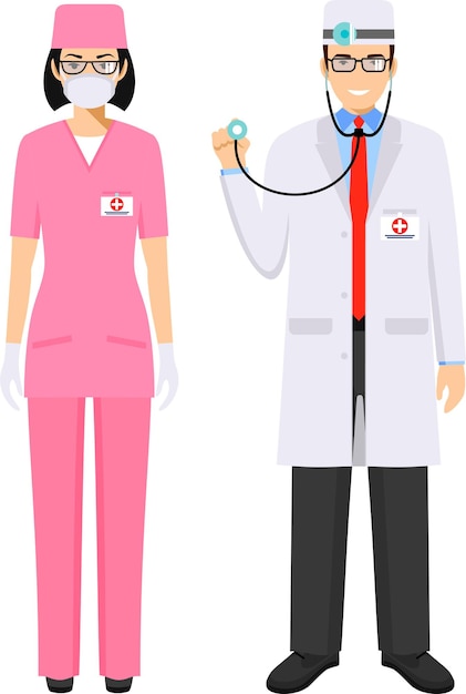 Vektor zusammen stehendes paar von notfallarzt mann und krankenschwester frau in schutzmaske ikonen