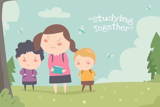 Zusammen studieren, flat ilustration cute child desin