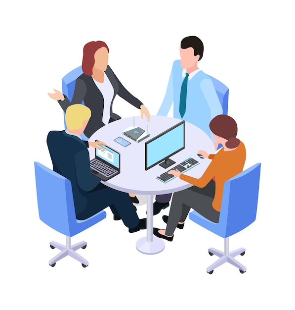 Zusammenarbeit. Isometrisches Geschäftstreffen, Leute, die über Projekt am Tisch oder Arbeitsprozess sprechen. Brainstorming-Vektor-Illustration. Business-Teamwork-Meeting, 3D-Gesprächsleute im Büro