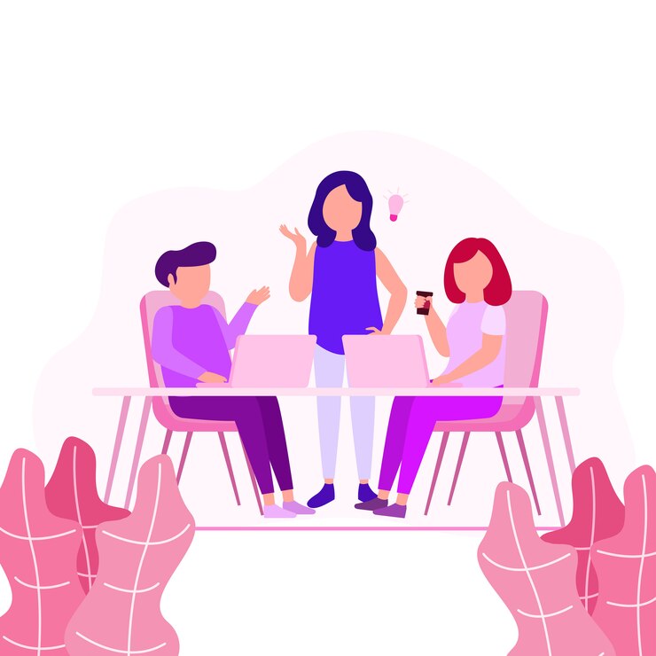 Vektor zusammenarbeits-illustrations-junge kreative leute-tätigkeit, die idee teilt