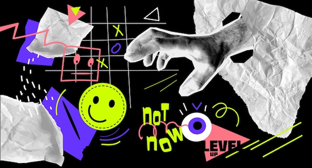 Zusammengesetzte kreative Collage mit Hand und Schrägmalerei