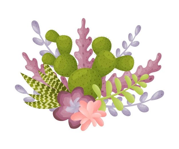 Vektor zusammensetzung aus kaktus-gestreiften aloe-grün- und lila-pflanzen. vektorillustration auf weißem hintergrund