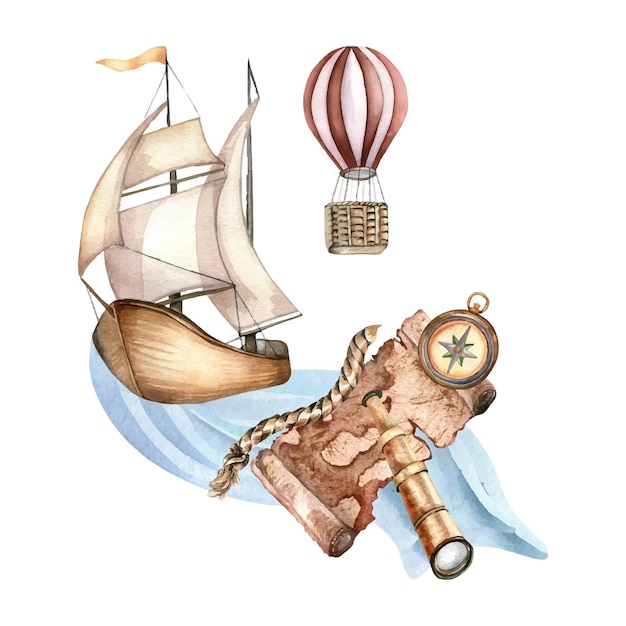 Zusammensetzung der Aquarellillustration im Vintage-Stil des Abenteuers isolierter Segelboot-Luftballon