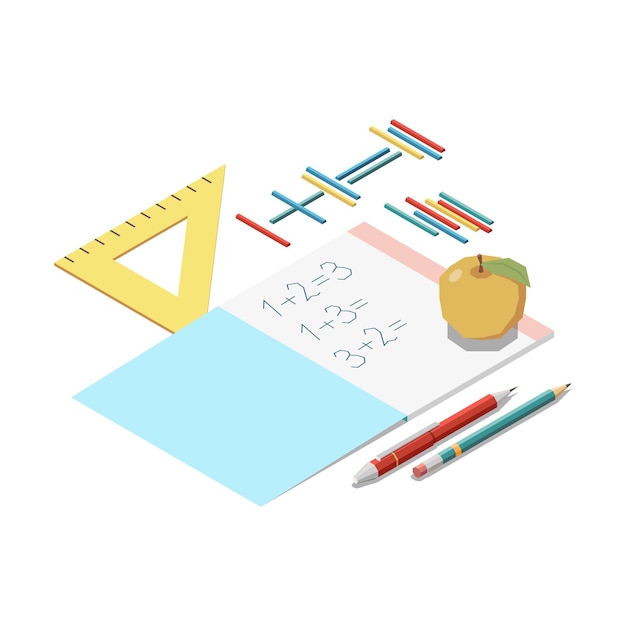 Zusammensetzung des isometrischen konzepts der stammbildung mit schreibwarenelementen und heft der mathematischen illustration