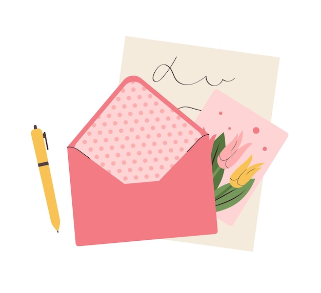 Zusammensetzung offener Umschlag mit handgeschriebenem Papierbrief und Grußkarte mit Blumen